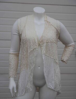 Surrealist Lace Patchwork Open Front Duster Cardigan Jacket Top Ivory Size 2